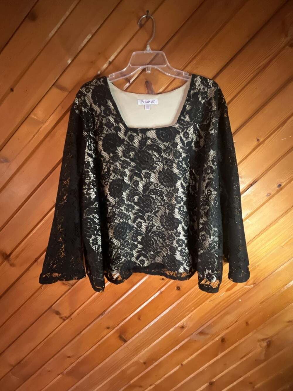Roaman's Black Lace Top Size 30W Square Neck Floral Bell Sleeve